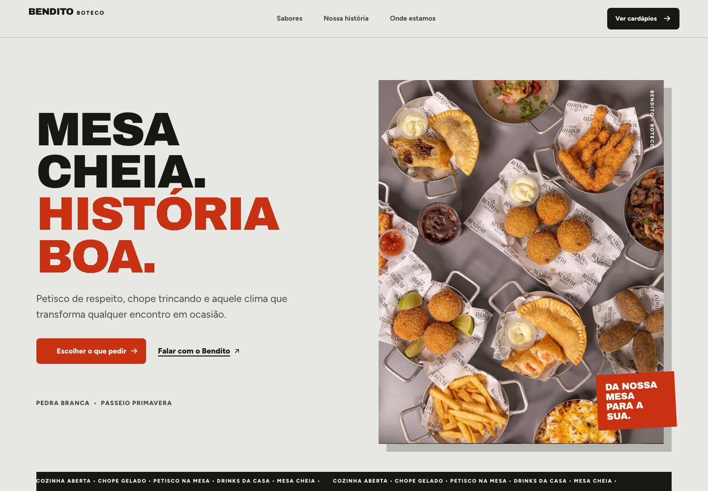 Site Bendito Boteco, com comida brasileira e identidade vermelha