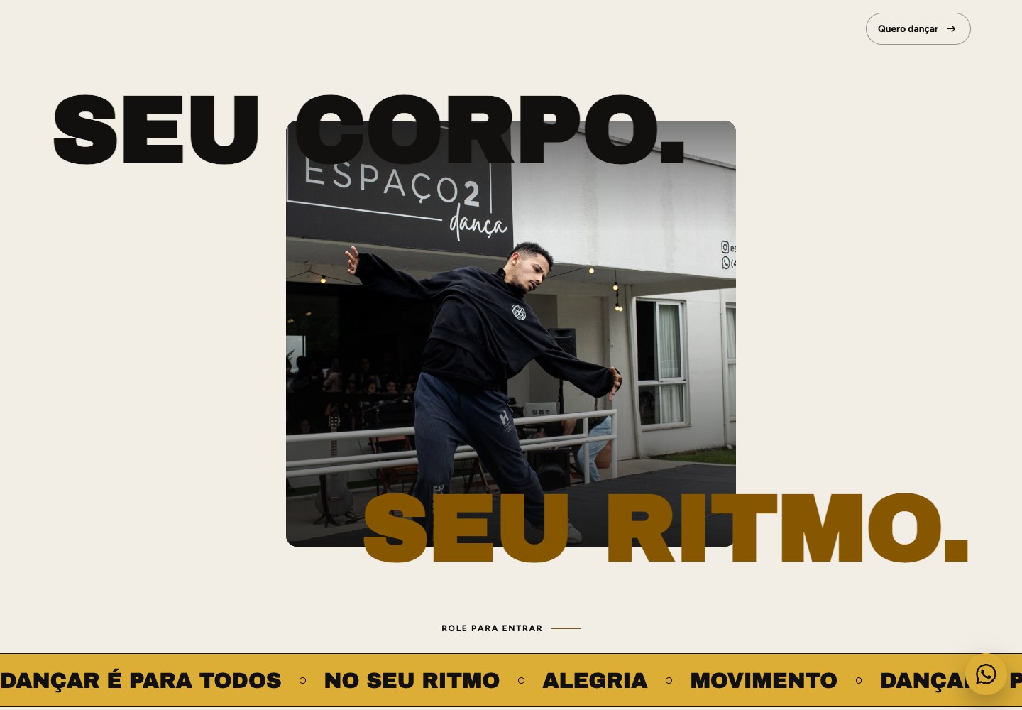 Site Espaço 2 Dança, com fotografia de dança e tipografia expressiva