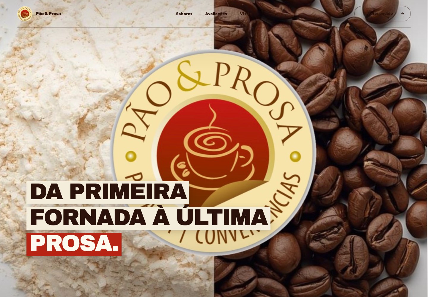 Site Pão e Prosa, com tipografia expressiva e tons de café