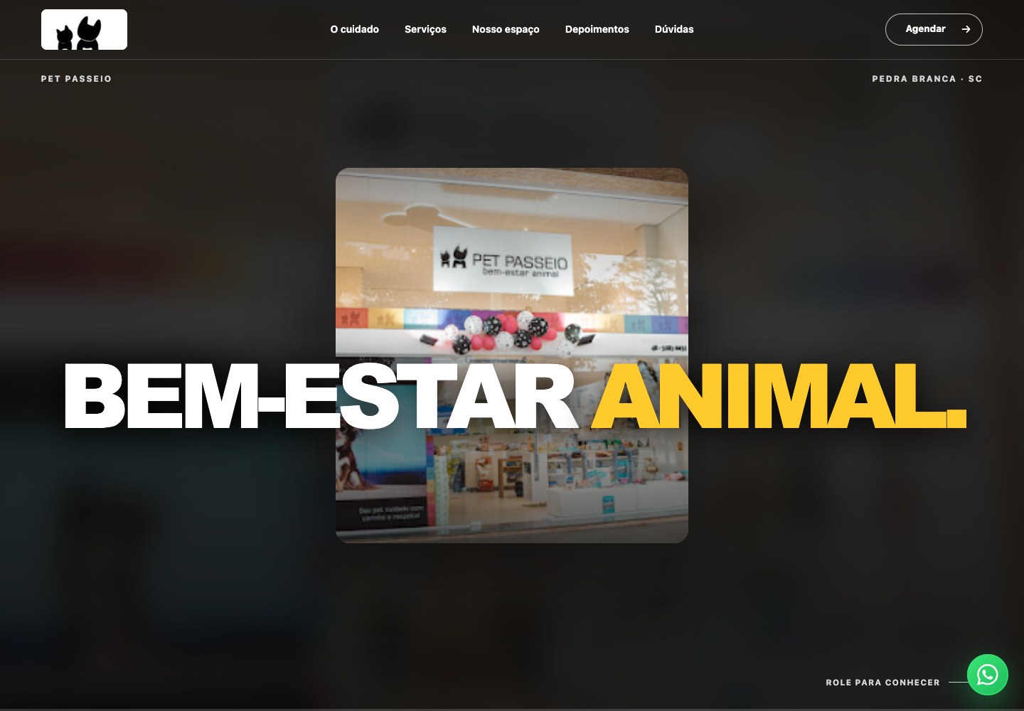Página do Pet Passeio, com identidade colorida e serviços para pets